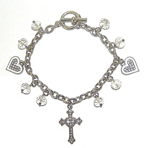 Love's Embrace Cross Heart Bracelet With Crystal Drop Beads, Togge Clasp NEW - Picture 1 of 4